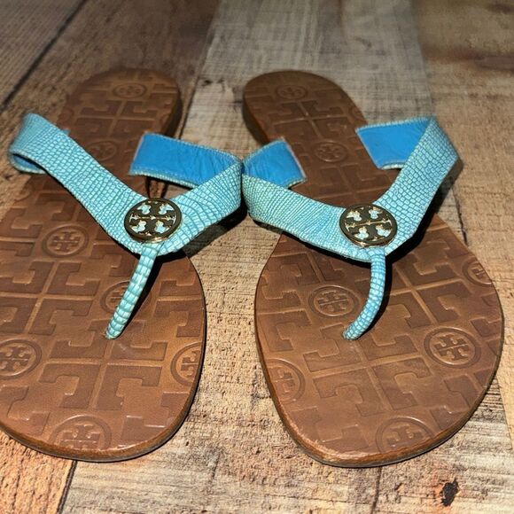 Tory Burch Blue Patent THORA Gold Logo Flip Flop Sandal US 7 M - Picture 13 of 14